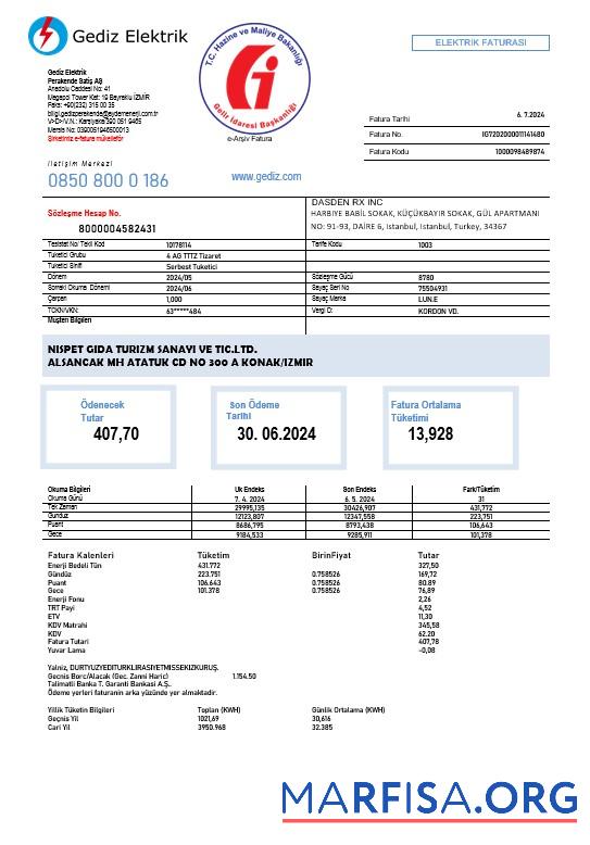 Blank Turkey Gediz Elektrik business utility bill template in Word and PDF formats, fully editable